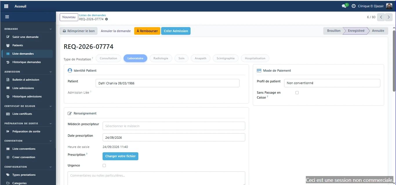 Fiche d'une demande de prestation dans ERP Med, avec ses onglets par type de prestation et son circuit de validation